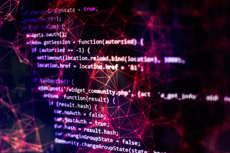 Notebook closeup photo. CSS, JavaScript and HTML usage. Monitor closeup of function source code. Abstract IT technology background. Software source code.