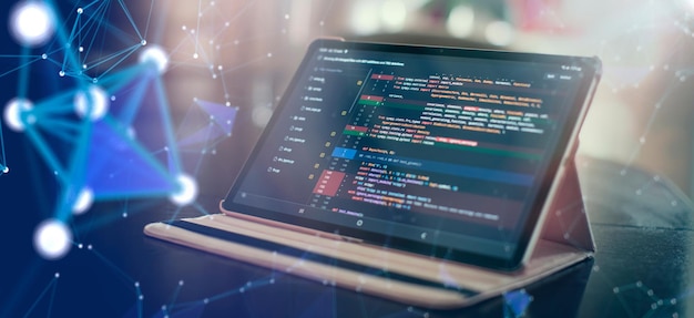 Photo notebook closeup photo css javascript and html usage monitor closeup of function source code abstract it technology background