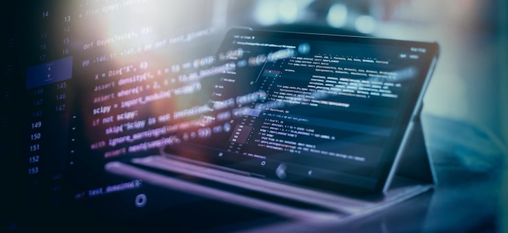 Notebook closeup photo CSS JavaScript and HTML usage Monitor closeup of function source code Abstract IT technology background