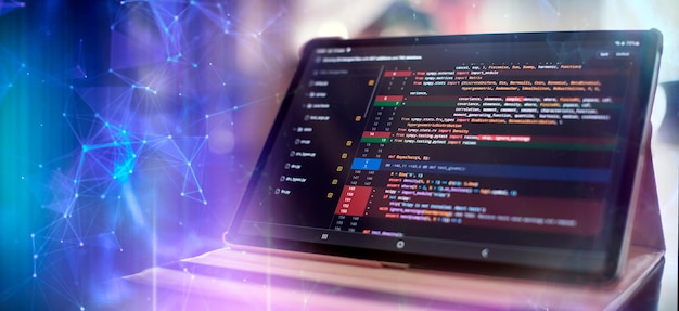 Photo notebook closeup photo css javascript and html usage monitor closeup of function source code abstract it technology background