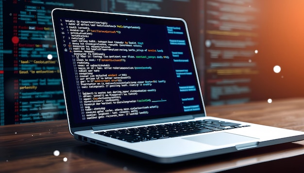 Photo notebook coding background business data analytics programming online digital world technology