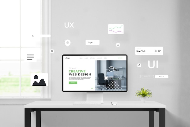 office desk displaying the creation of a web page with elements flying around a concept web page on a computer display illustrating website arrangement and design process