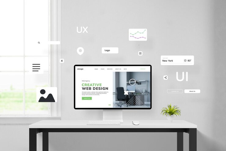 Office desk displaying the creation of a web page with elements flying around a concept web page on a computer display Illustrating website arrangement and design process