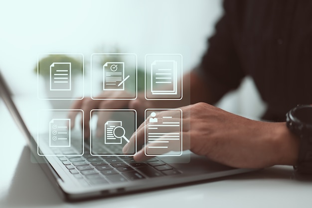 Photo online virtual documentation database, document management concept.