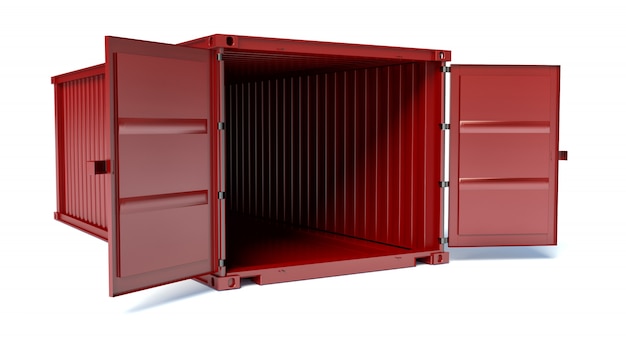 Photo opened red freight container isolated, front view
