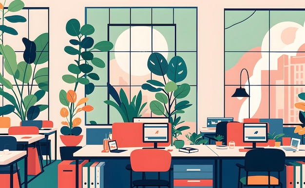 Photo openplan office with desks computers and plants in contemporary flat design workspace