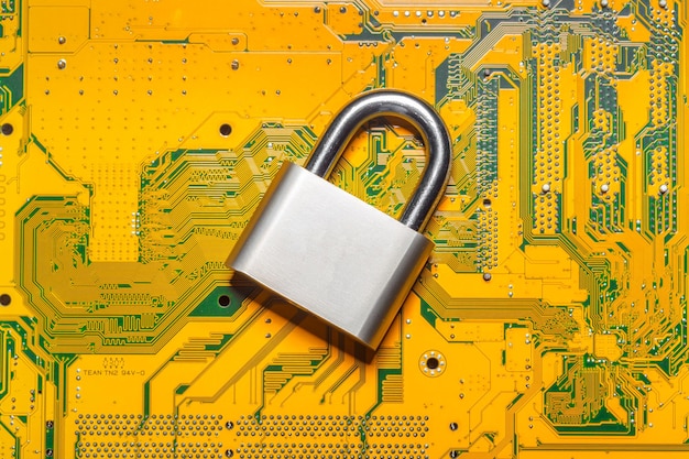 Photo padlock on a computer circuit board
