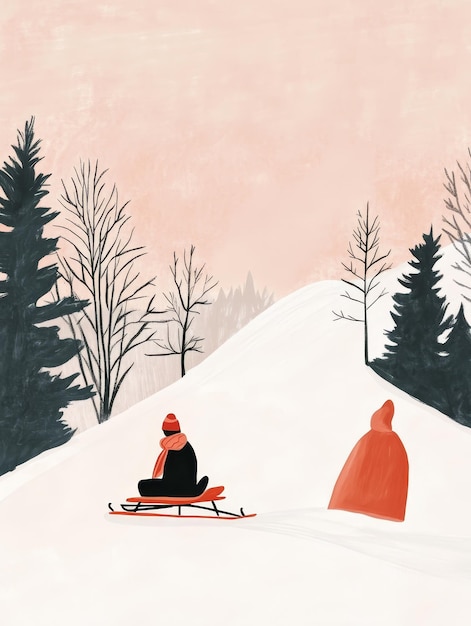 Photo a painting of a man on a sled with a red object in the background