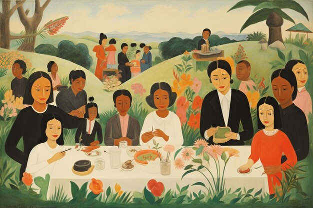 Photo parents and children enjoying a picnic lunch