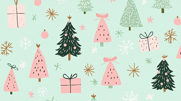 Photo pastel christmas trees presents and snowflakes on a mint green background