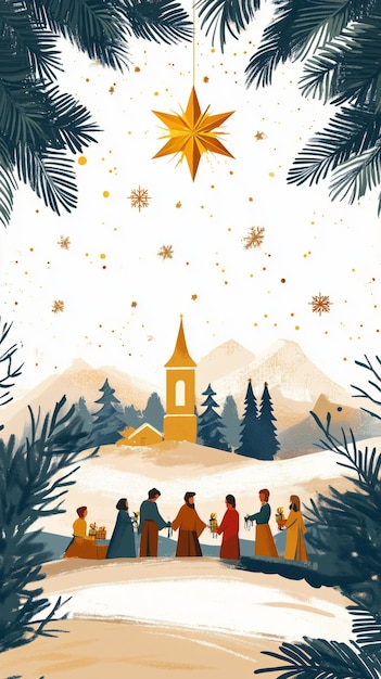 Photo people exchanging gifts in a snowy christmas village