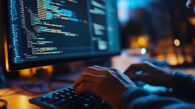 Photo a person coding on a keyboard with a computer screen displaying programming code