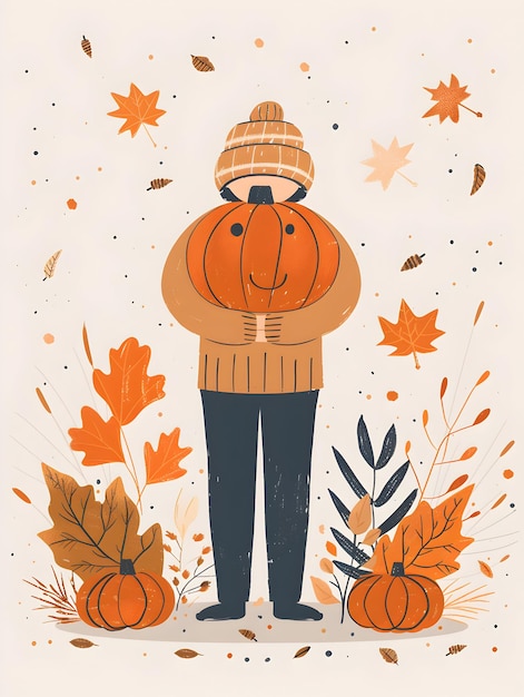 Photo a person holding a pumpkin and autumn leaves symbolizing thanksgiving with copy space 3d flat ico
