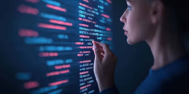 Photo person interacting with digital code in a dark environment