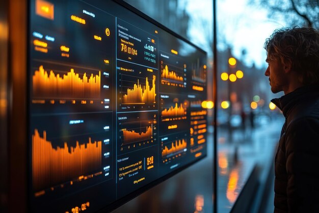 Photo a person observes digital data visualizations on a screen in an urban setting