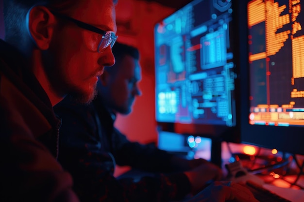 Photo a person sitting in front of a computer screen with a focused expression possibly working or studying