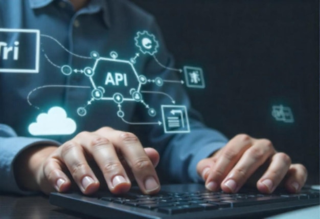 Photo a persons hands typing on a keyboard with api application programming interface and various technol