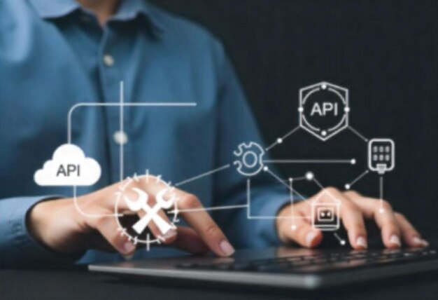 Photo a persons hands typing on a keyboard with api application programming interface and various technol