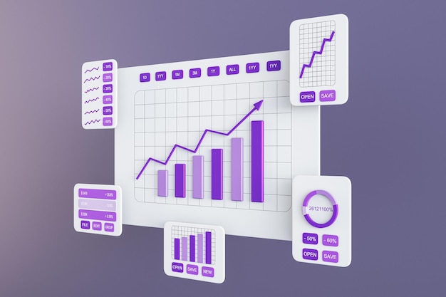 Photo perspective view on project statistics financial data growing sales charts report preparation and data synchronization white card windows with purple graphs on abstract background 3d rendering