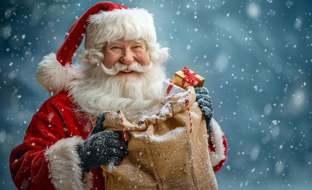 Photo photorealistic image of santa claus holding a holiday gift in the snow