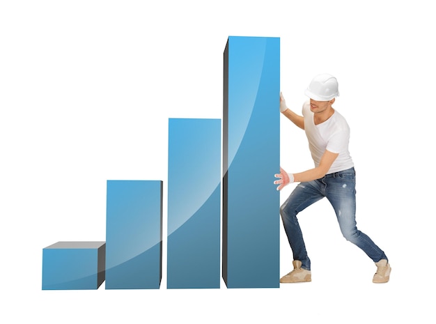 Photo picture of handsome builder moving big elements of chart