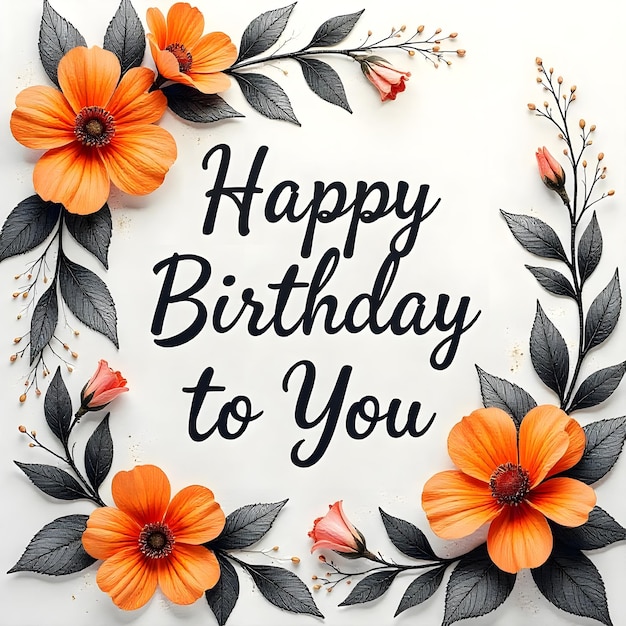 Photo a picture of a happy birthday card with orange flowers and black leaves