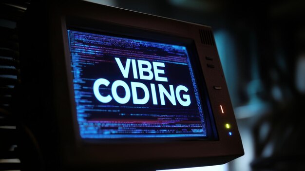Photo a pixelate vibe coding text on an old computer screen evoking retrofuturism and vibe coding low code coding programs
