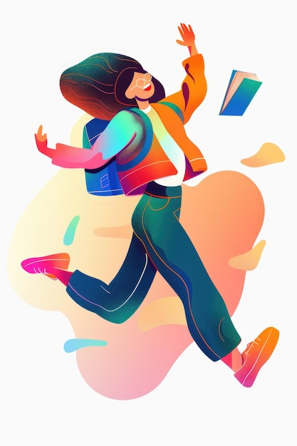 Photo portrait of a happy jumping female student holding a book