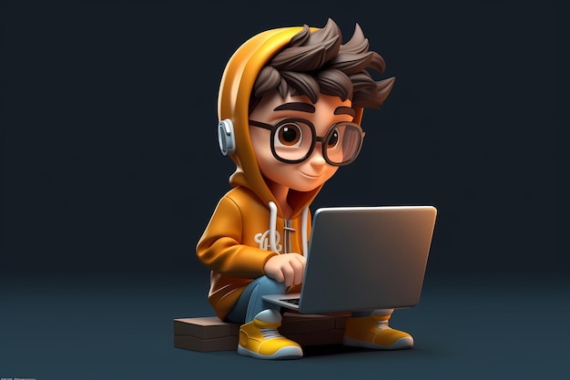 Photo portrait of successful programmer game developer or coder guy in uses computer laptop for work game design hacker boy generative ai gamer in headphones