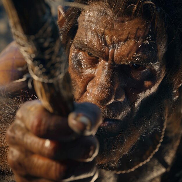 Photo primitive neanderthal launching spear in fierce expression