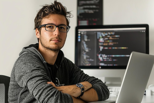 Photo professional software developer working with online software