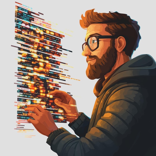 Photo programmer analyzing code in digital environment with colorful data visualization and futuristic interface elements