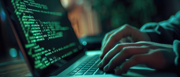 Photo programmer coding at work with hands at laptop programming at night working screen and code lines