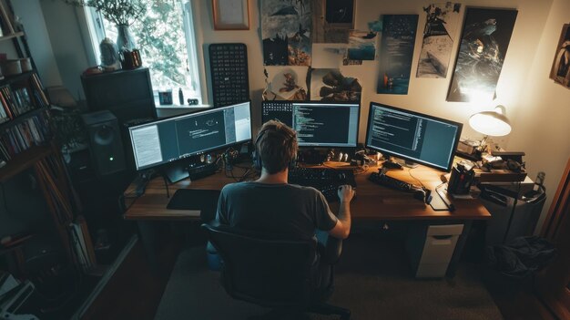 Photo programmer working on computer in home office