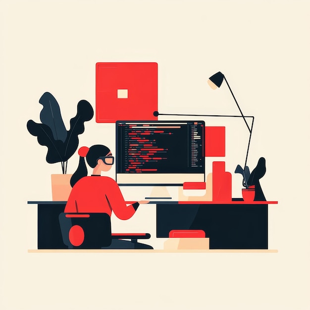 Photo programmer working on computer programmer coding and programming vector illustration