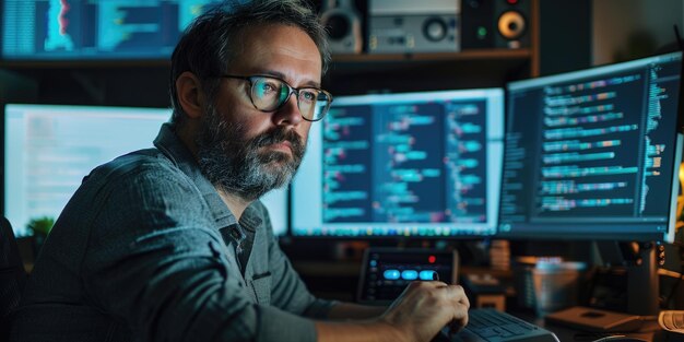 Photo a programmer working from a home office with multiple screens to enhance coding efficiency aig