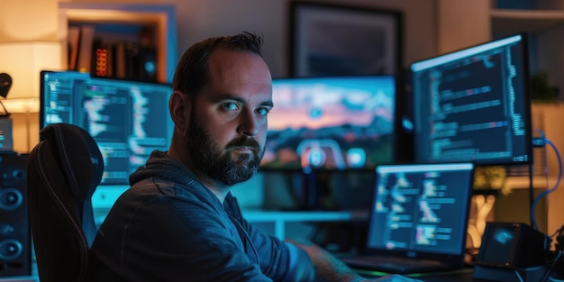 Photo a programmer working from a home office with multiple screens to enhance coding efficiency aig