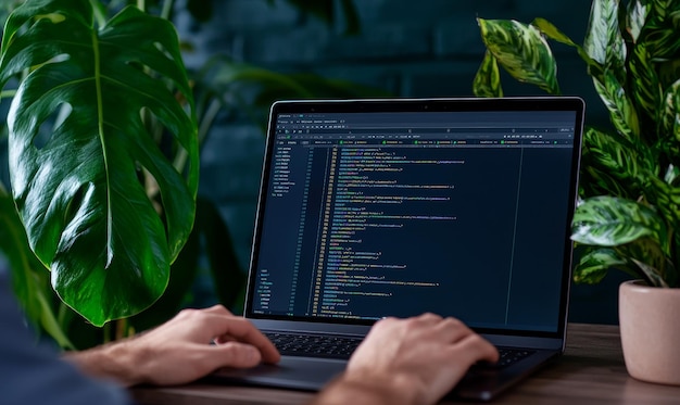 Photo programmer working on website code on laptop with green plants in background closeup of hands typing on keyboard web development concept