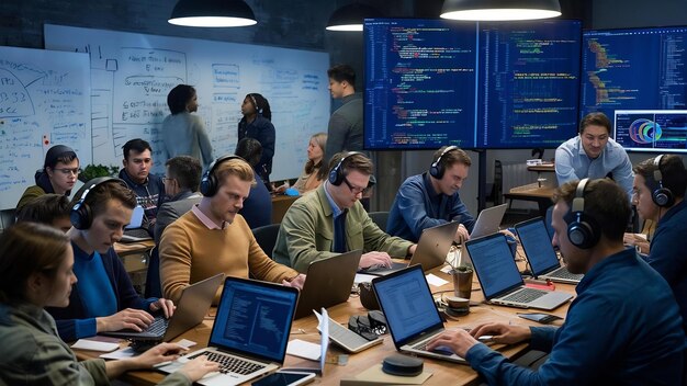 Photo programmers and developer teams are coding and developing software
