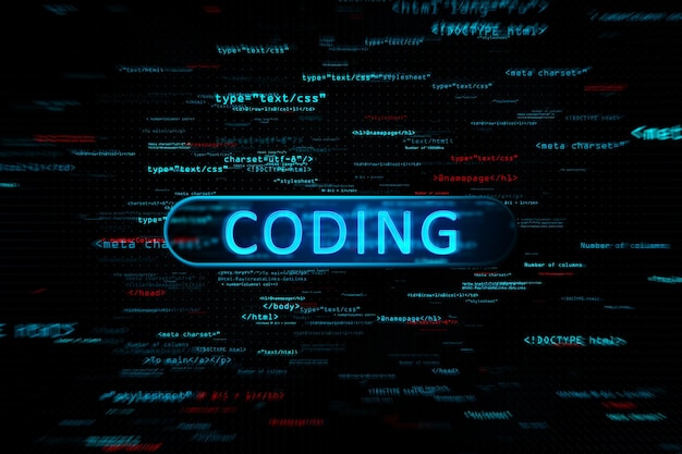 Photo programming binary code with digital coding sign on dark technological background 3d rendering