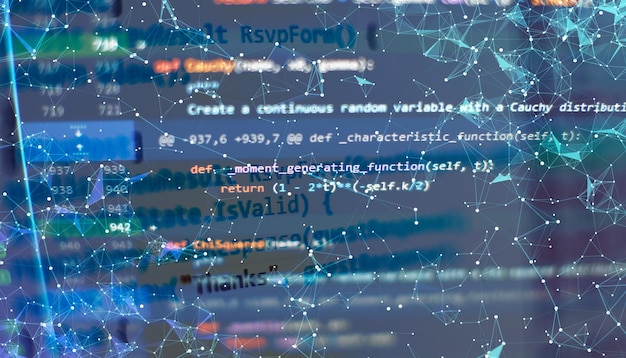 Photo programming code on computer screen software development writing program code on computer