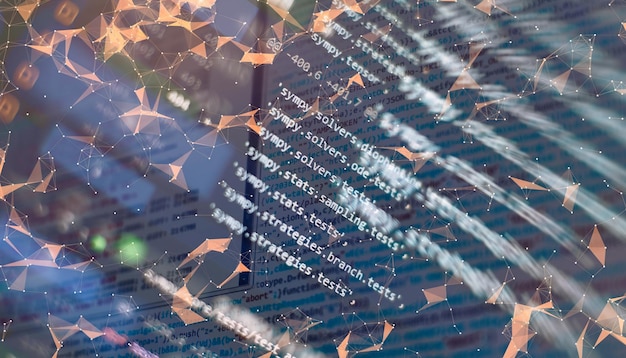 Photo programming code on computer screen software development writing program code on computer