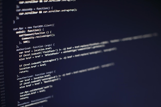 Photo programming code on computer screen. software development. writing program code on computer.
