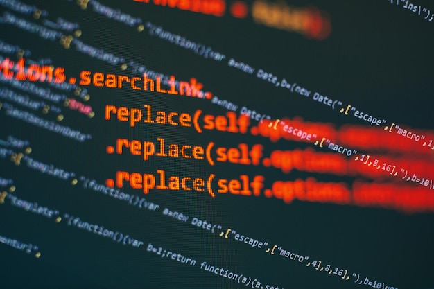 Photo programming code screen of software developer software programming work time code text written and created