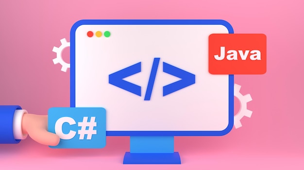 Photo programming. computer monitor with icons of programming languages. 3d render illustration