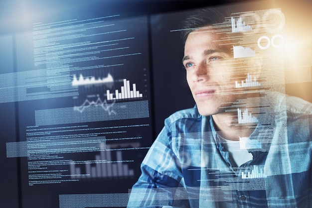Photo programming hologram and man with code coding and data analysis with graphs charts and online reading male person employee or programmer with concentration holographic or research for software
