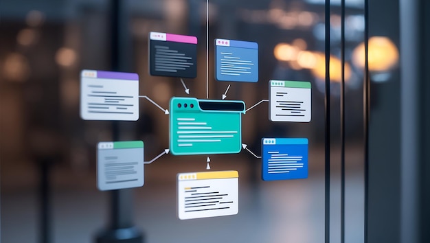 Photo programming interface and code pipeline icon with text and graphics space iconic design for code p