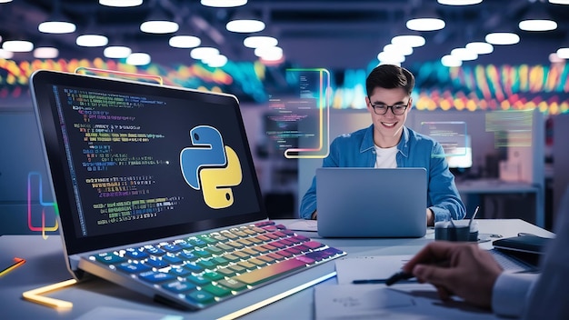 Photo python programming code language learning concept with person and laptop