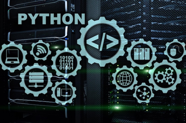 Photo python programming language on server room background programing workflow abstract algorithm concept on virtual screen