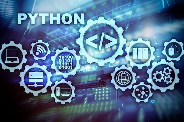 Photo python programming language on server room background programing workflow abstract algorithm concept on virtual screen